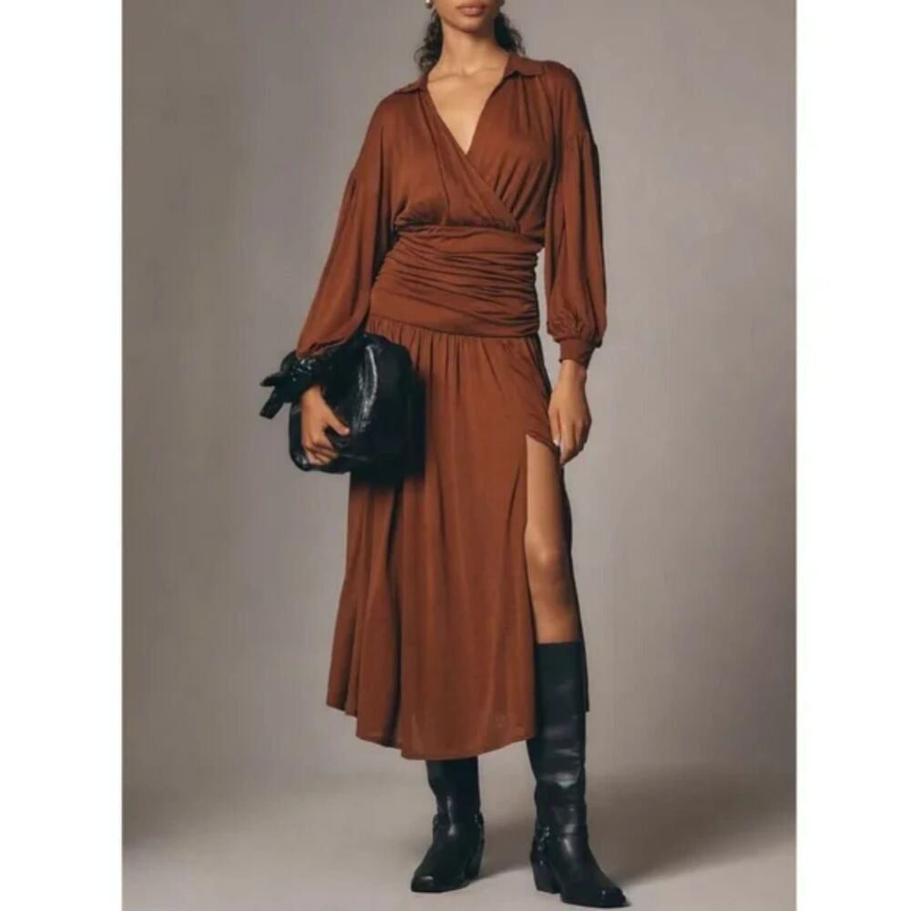 Maeve V‑Neck Wool Blend Ruched Midi Dress NWT Size S Brown Anthropologie